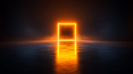 A glowing square frame stands against a dark, misty background, reflecting on a smooth surface, creating a surreal and captivating atmosphere.