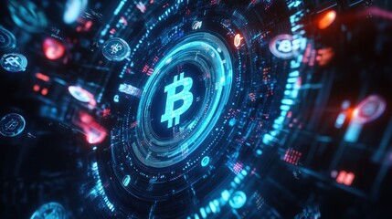 Obraz premium Bitcoin Cryptocurrency Digital Currency Futuristic Technology Abstract Blockchain Network