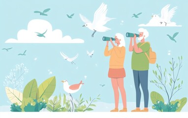 Senior couple watching birds with binoculars, enjoying a peaceful day of birdwatching in nature