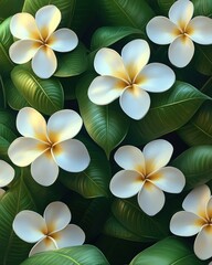 Fototapeta premium Lush tropical background with white plumeria flowers and vibrant green leaves.