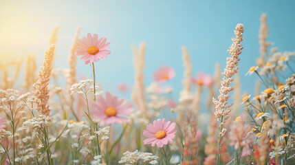 A wide open field with wildflowers and grass gently swaying in the breeze, creating a peaceful countryside scene
