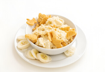 Banana pudding with vanilla wafers on white background