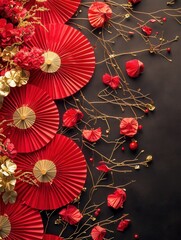 Festive Red Paper Umbrellas Gold Branches Flowers Chinese New Year Decor