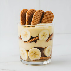 Banana pudding with vanilla wafers on white background
