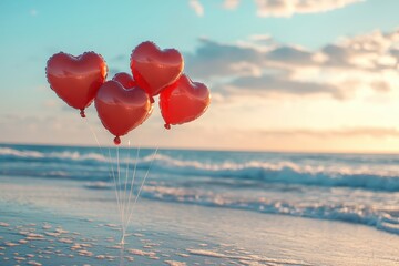 Fototapeta premium Heart balloons floating above a beach scene