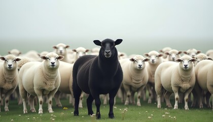 Fototapeta premium A striking black sheep stands out among a flock of white sheep in a misty pasture.