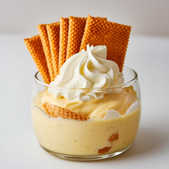 Banana pudding with vanilla wafers on white background