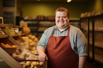 Happy grocer with down syndrome working at a fruit and vegetable stand, offering excellent customer service and promoting inclusion in the workplace