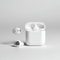 Wireless earbuds, Apple AirPods, white charging case, minimalist design, high-tech gadget, glossy finish, product photography, soft lighting, clean background, detailed texture, professional studio sh