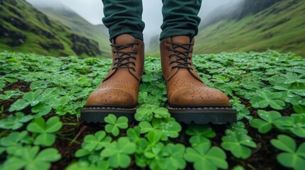 Brown Leather Boots Resting On Lush Green Clover