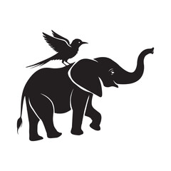 Elephant and bird on its back silhouette vector illustration black color design and solid white background