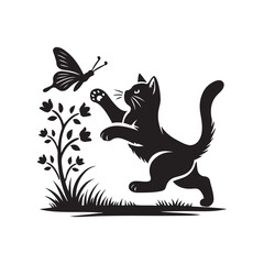  Cat chasing a butterfly silhouette vector illustration black color design and solid white background