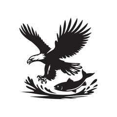 Eagle diving at a fish silhouette vector illustration black color design and solid white background