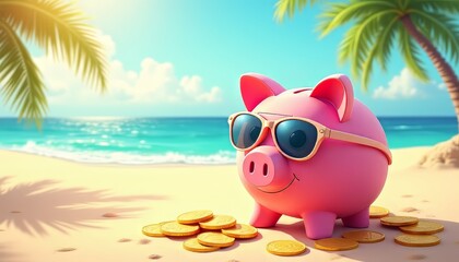 A cheerful pink piggy bank wearing sunglasses on a sunny beach.