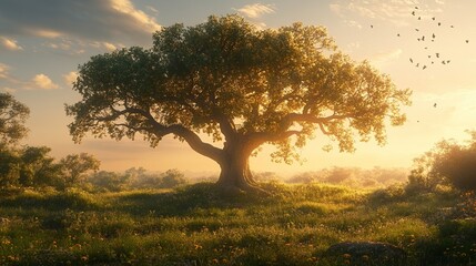 Obraz premium Majestic oak tree at sunset, birds flying, field of flowers.
