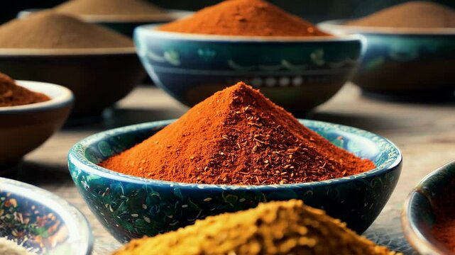 A vibrant display of colorful spices in ceramic bowls, including red chili powder, turmeric, and ground cumin, arranged on a wooden surface with ambient lighting
