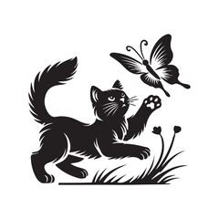  Cat chasing a butterfly silhouette vector illustration black color design and solid white background