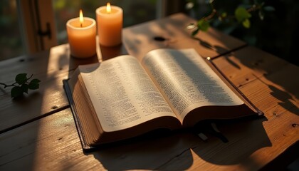 Open book on wooden table with glowing candles, creating a serene and warm atmosphere.