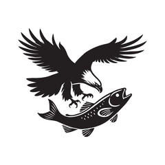 Eagle diving at a fish silhouette vector illustration black color design and solid white background