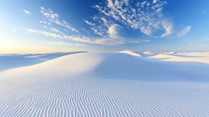 Serene white sand dunes under a vibrant blue sky with wispy clouds at sunset.