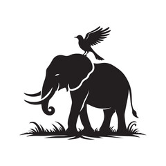 Elephant and bird on its back silhouette vector illustration black color design and solid white background