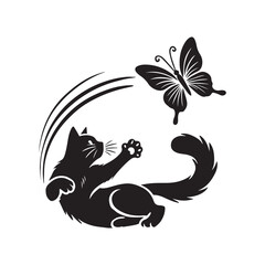  Cat chasing a butterfly silhouette vector illustration black color design and solid white background