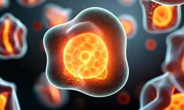 Microscopic view of a glowing biological cell with nucleus