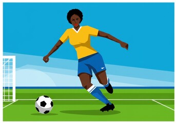 Obraz premium Female soccer player kicking ball on field under blue sky