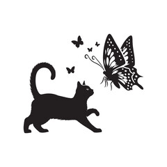  Cat chasing a butterfly silhouette vector illustration black color design and solid white background
