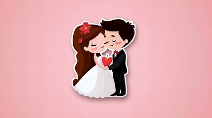 Adorable cartoon bride and groom share a tender moment, embracing on a soft pink background. Perfect for wedding announcements or romantic designs.
