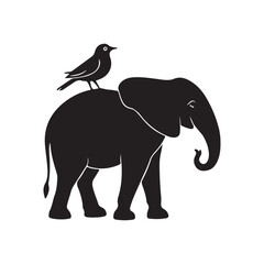 Elephant and bird on its back silhouette vector illustration black color design and solid white background