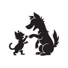 Dog and kitten playing silhouette vector illustration black color design and solid white background