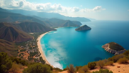 Stunning coastal view of a serene bay and mountains under a clear blue sky.