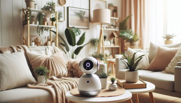 Smart home security camera, modern living room, cozy interior, potted plants, neutral tones, sunlit space, couch with throw blanket, wooden shelf, curtains, hardwood floor, minimalist decor, home surv