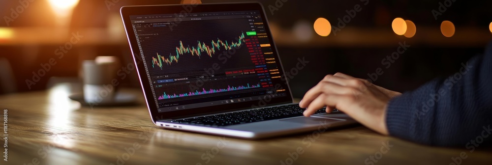 Poster businessman analyzing stock market data and investment graph chart using laptop at night, making inv
