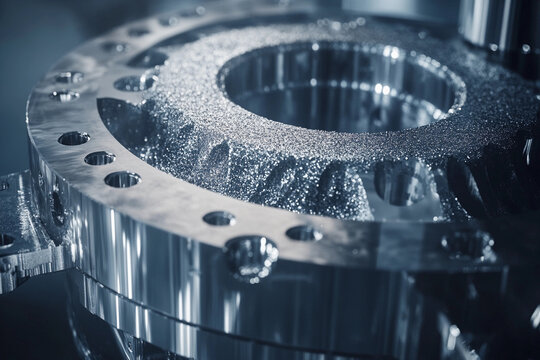 Precision machining of a complex metal part using CNC technology in a modern workshop setting