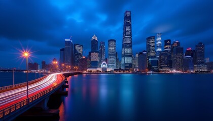 A stunning cityscape at dusk showcasing skyscrapers and vibrant city lights.