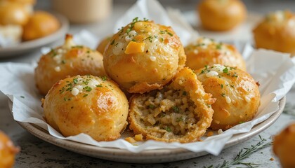 A plate of garlic parmesan cheeseburger bombs, round and golden brown with a flaky texture. Topped with melted cheese and herbs, these savory bites exude irresistible flavor and warmth.