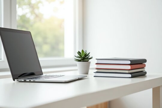A bright, minimalist workspace featuring a sleek desk with new books stacked neatly, a modern laptop, and a small succulent plant