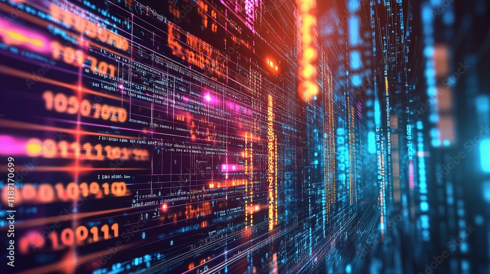 Poster cybersecurity theme with binary code and digital protection lines