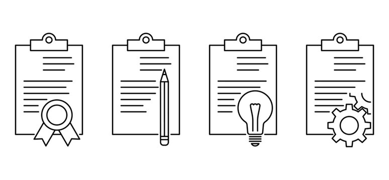 Users manual or agreement icons - with gear, lightbulb, pencil or seal. in thin line