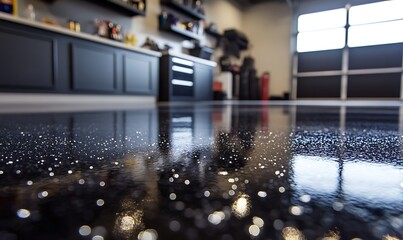 Close-up of an epoxy garage floor with metallic flakes reflecting light