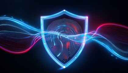 Digital security image with glowing neon waveforms forming a protective barrier that blocks data flow