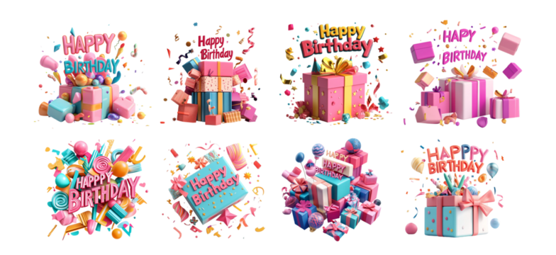 Pack Bold Typography that Says "Happy Birthday," set Against a Transparent Background for Event Design, Party Concept, or Greeting Cards