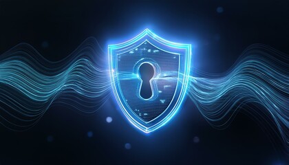 Digital security image with glowing neon waveforms forming a protective barrier that blocks data flow
