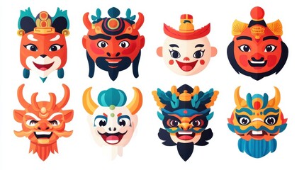 Colorful Asian theatrical masks collection illustration