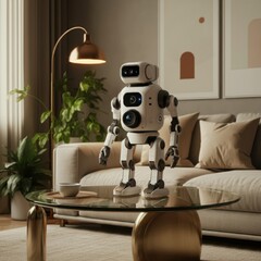 Smart home security camera, modern living room, cozy interior, potted plants, neutral tones, sunlit space, couch with throw blanket, wooden shelf, curtains, hardwood floor, minimalist decor, home surv