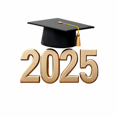 A 3D rendering of the number "2025" with a graduation cap on top, against a black background in clipart style.