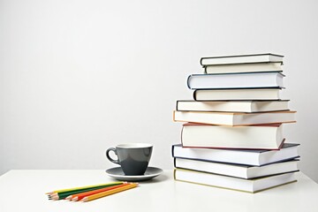 Naklejka premium A bright white table adorned with large, neatly arranged stacks of books, a coffee cup, and an assortment of sharpened pencils.