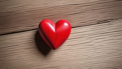 Detailed wooden surface with a bright red heart, soft shadows, and warm natural tones